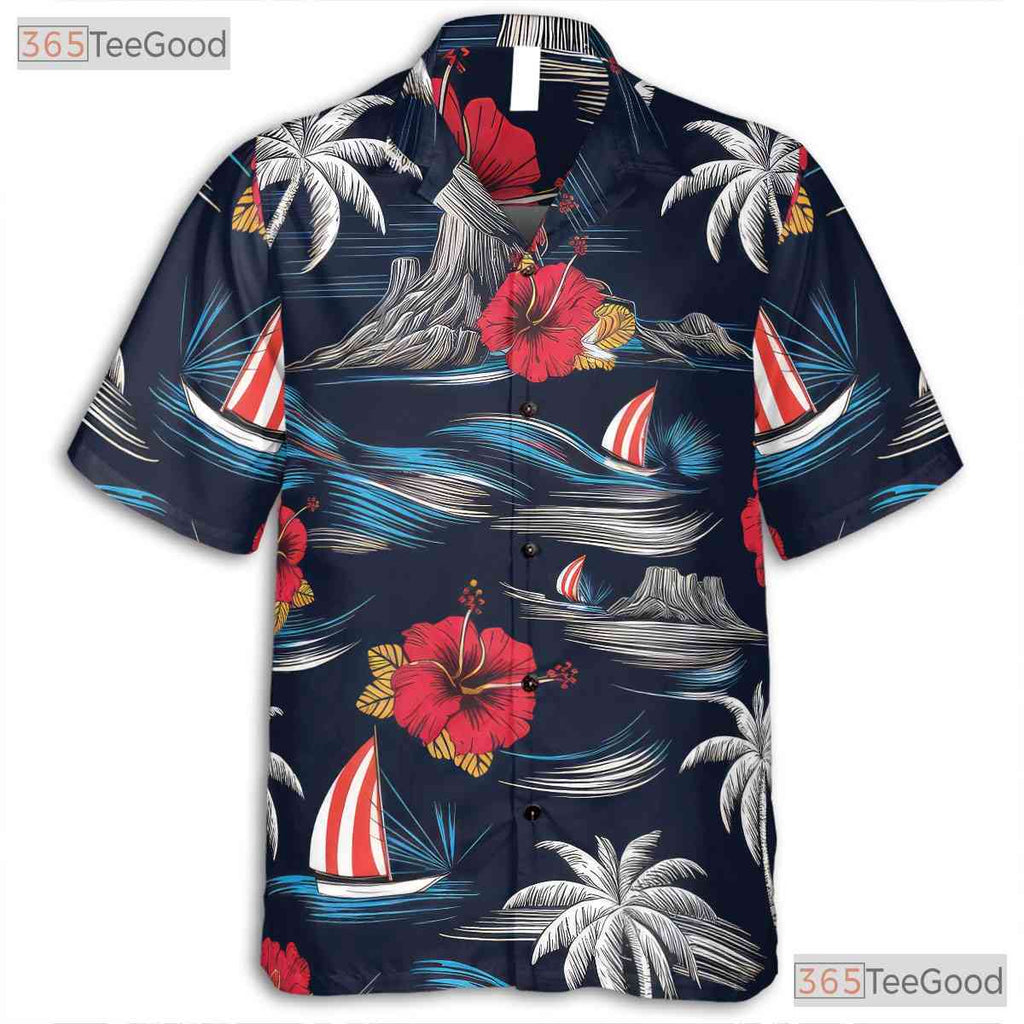 Vintage Navy Aloha Tee - Island Palm Trees & Beachwear Style Women