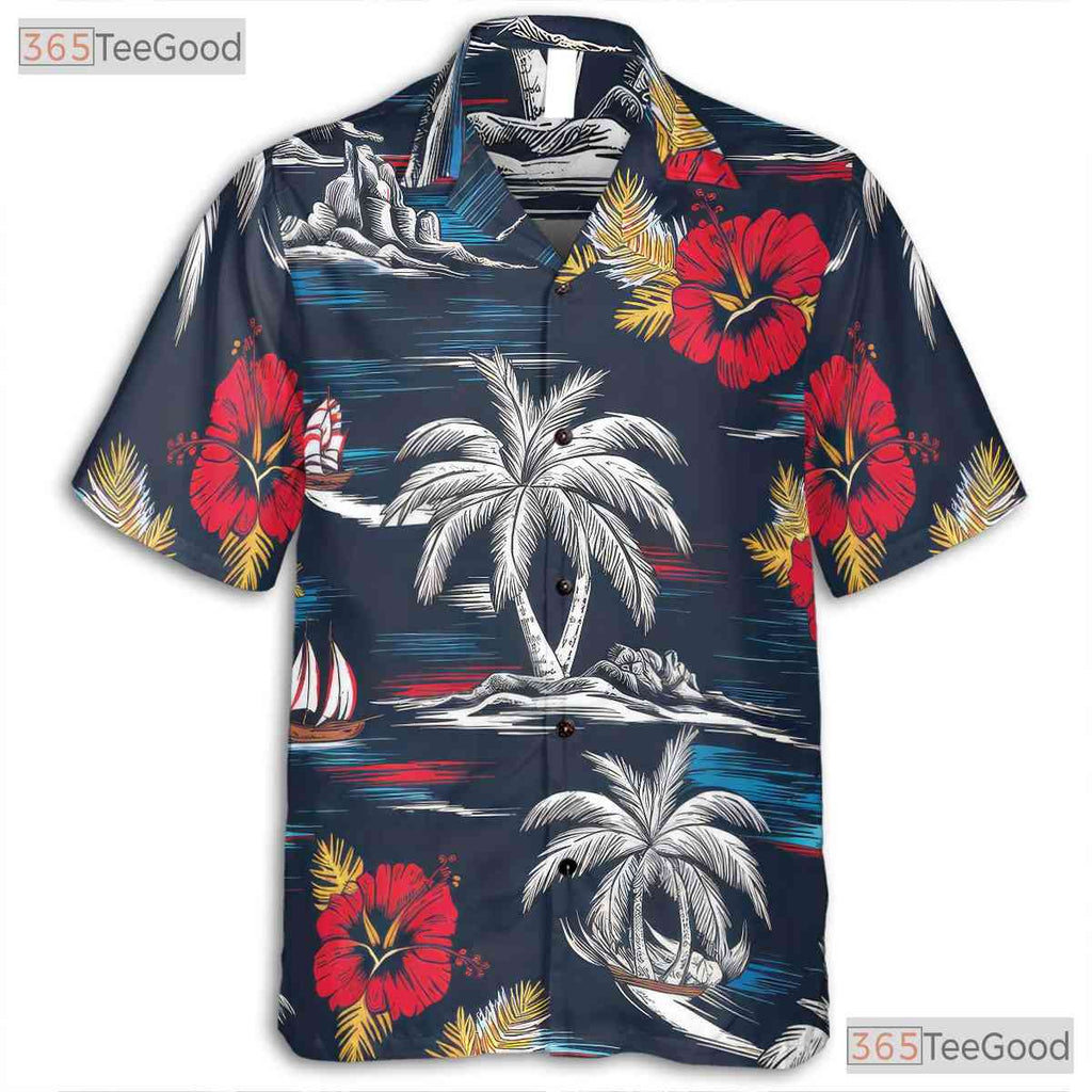 Gray Aloha Palm Tree Hawaiian Shirt - Pink Hibiscus Island Print Men