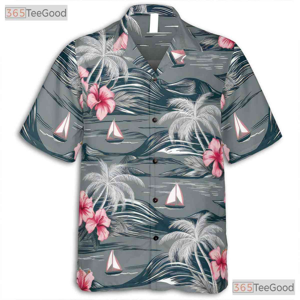 Aloha Gray Hawaiian Shirt - Island Palm Trees & Pink Hibiscus Women