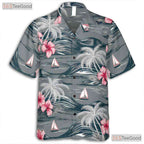 Aloha Gray Hawaiian Shirt - Island Palm Trees & Pink Hibiscus Women