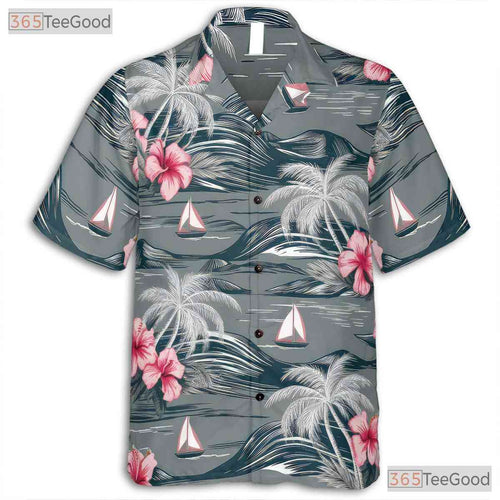 Aloha Gray Hawaiian Shirt - Island Palm Trees & Pink Hibiscus Women