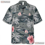 Tropical Gray Hawaiian Tee - Aloha Palm Hibiscus Beachwear Gift Adult