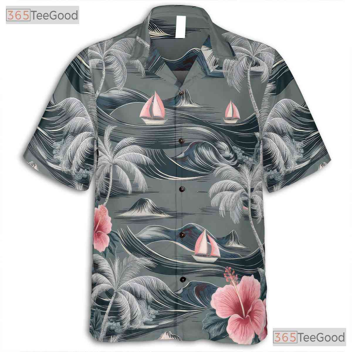 Tropical Gray Hawaiian Tee - Aloha Palm Hibiscus Beachwear Gift Adult