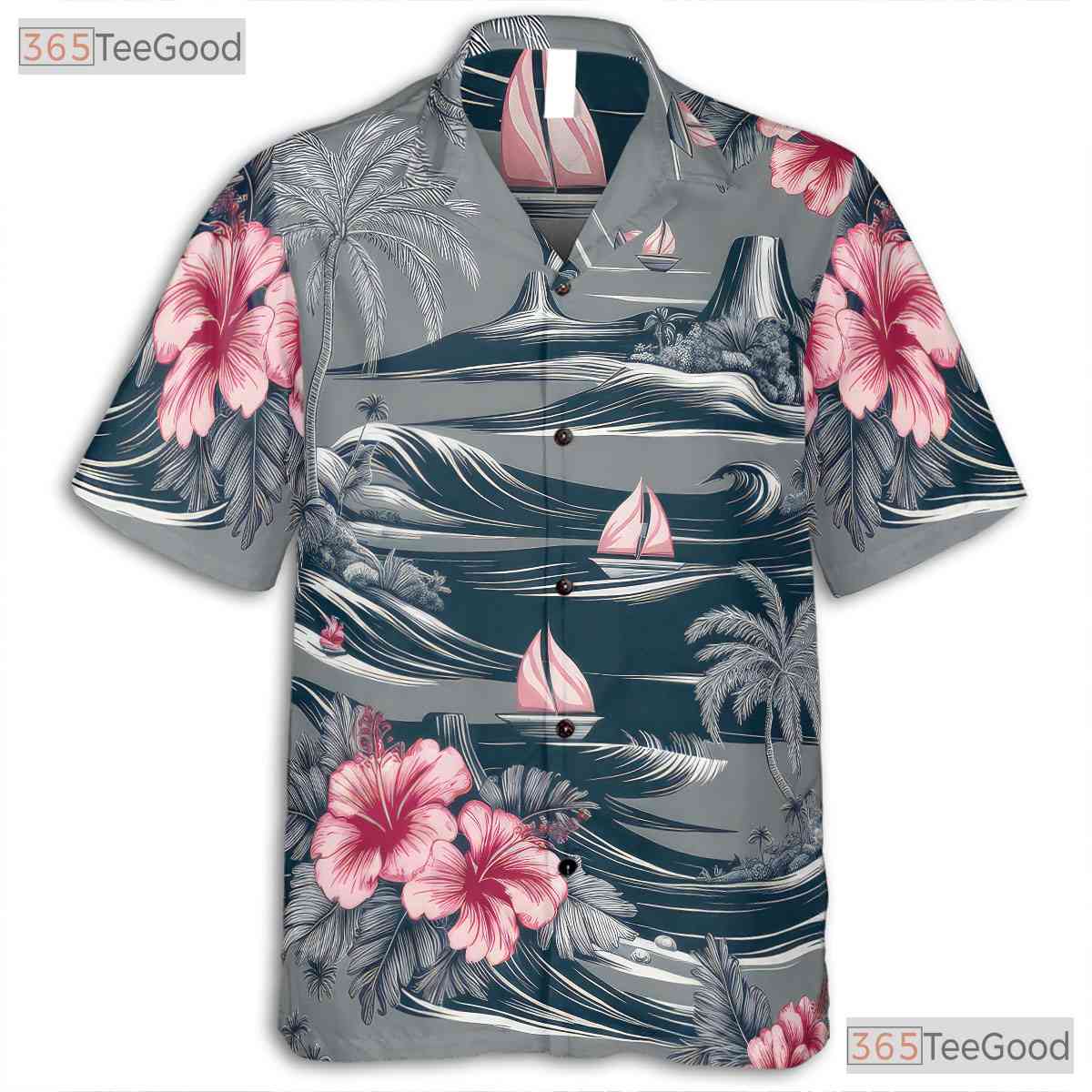 Palm Hibiscus Gray Hawaiian Shirt - Tropical Aloha Island Beach Men