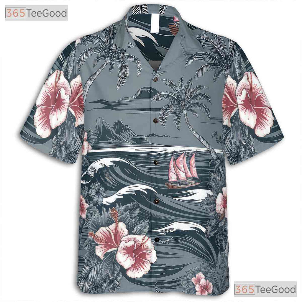 Gray Aloha Hawaiian Tee - Palm Trees Hibiscus Island Gift for Unisex