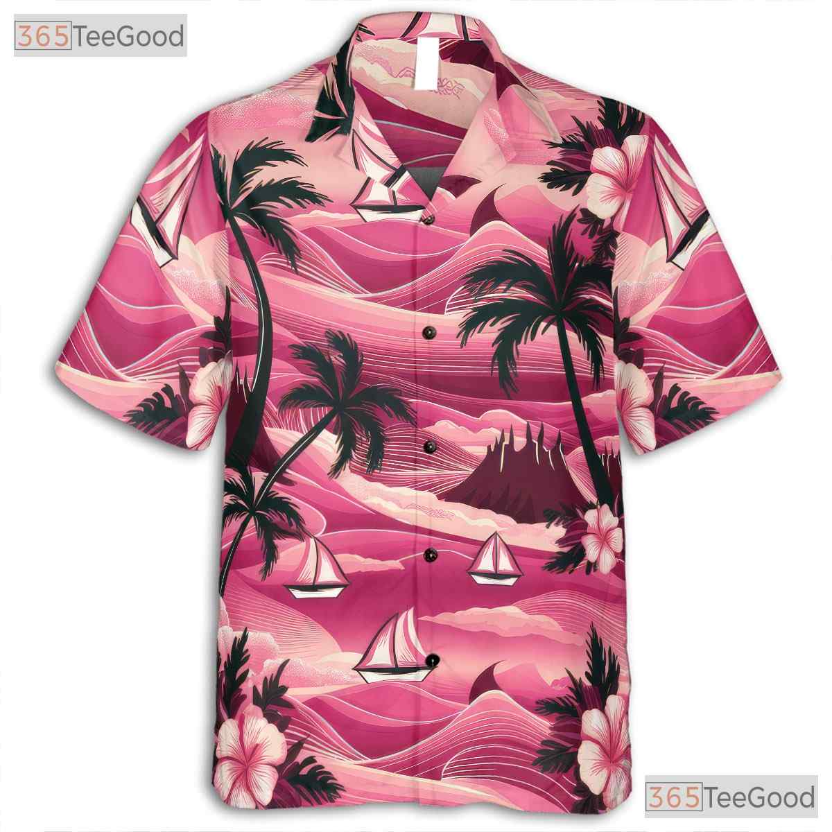 Vintage Pink Hawaiian Tee - Tropical Aloha Palm Trees & Hibiscus Women