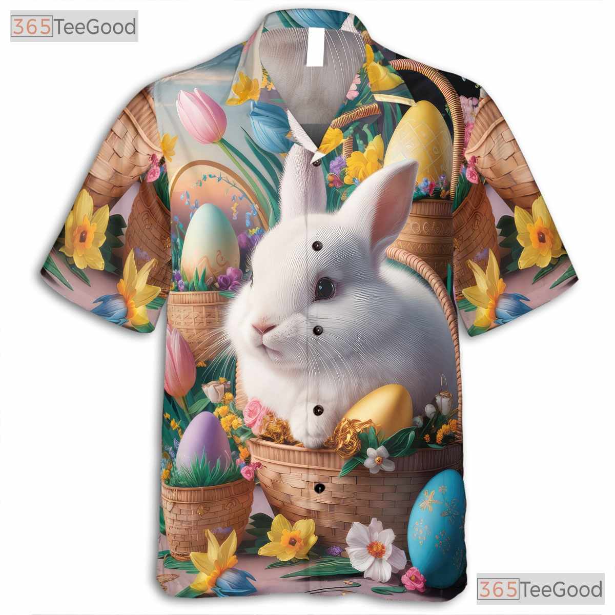 Easter Bunny Hawaiian Tee - Spring Basket with Colorful Eggs Print Unisex