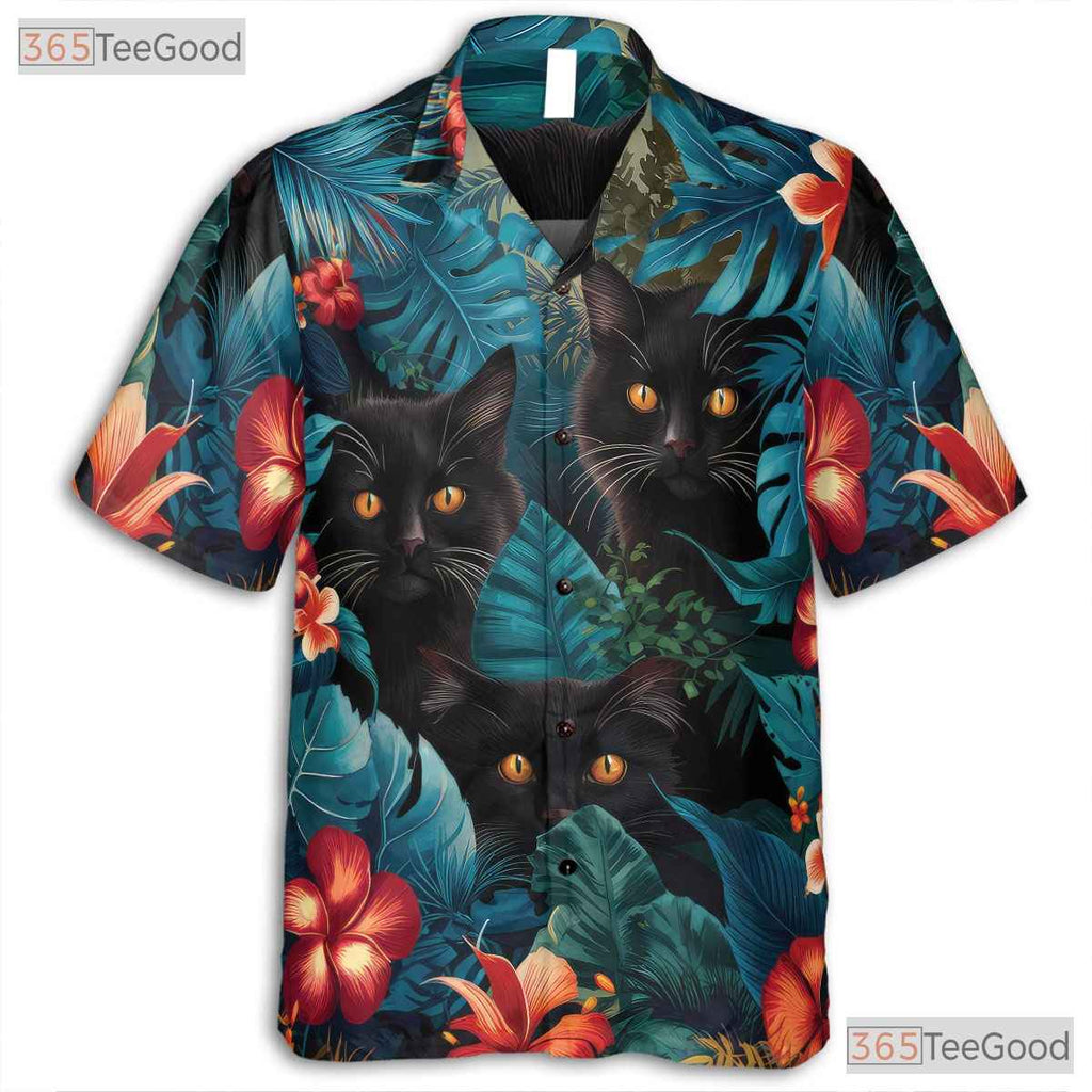 Black Cat Hawaiian Shirt - Blue Tropical Jungle Floral Vacation Men
