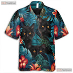 Black Cat Hawaiian Shirt - Blue Tropical Jungle Floral Vacation Men