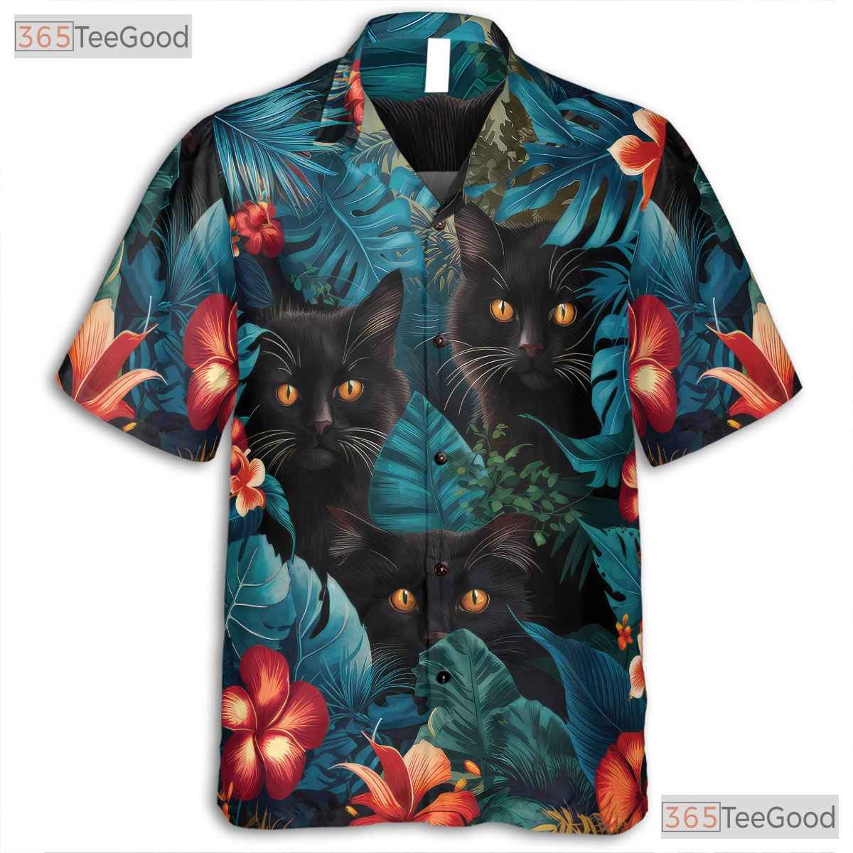 Black Cat Hawaiian Shirt - Blue Tropical Jungle Floral Vacation Men