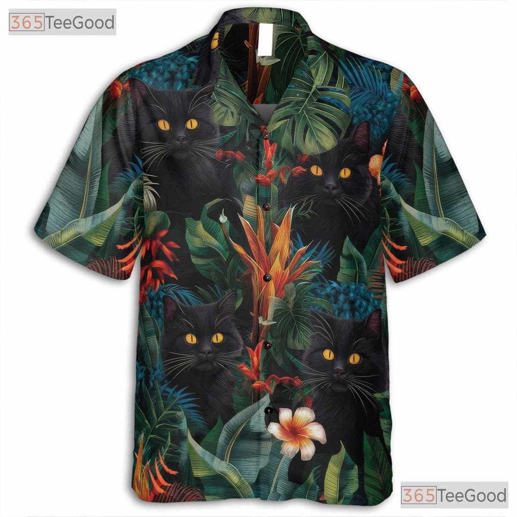 Tropical Black Cat Hawaiian Tee - Blue Jungle Leaves & Floral Gift Men