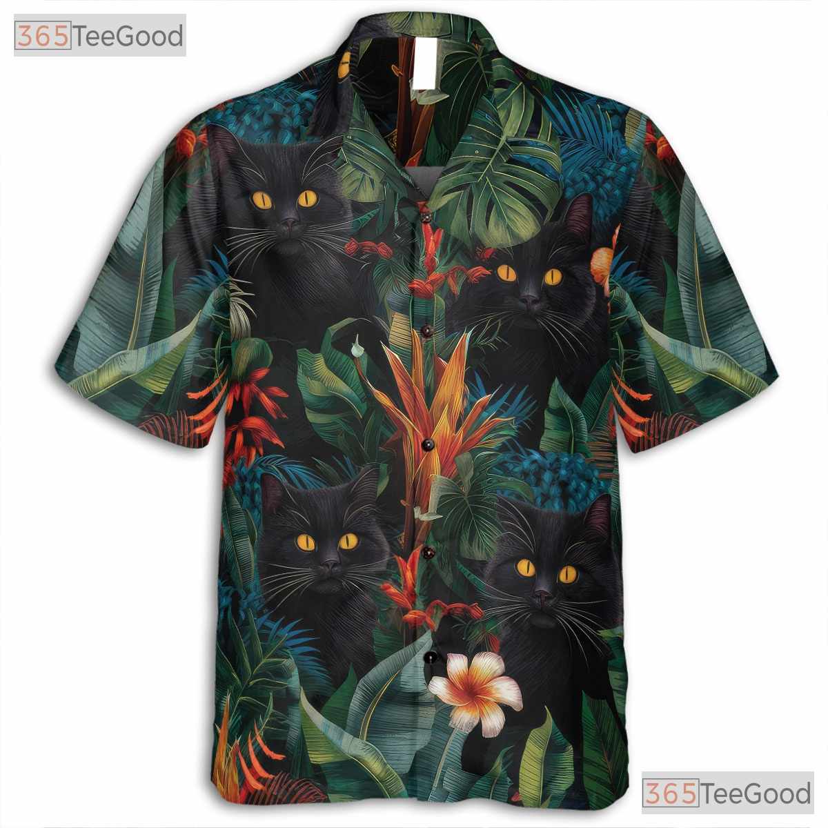 Tropical Black Cat Hawaiian Tee - Blue Jungle Leaves & Floral Gift Men