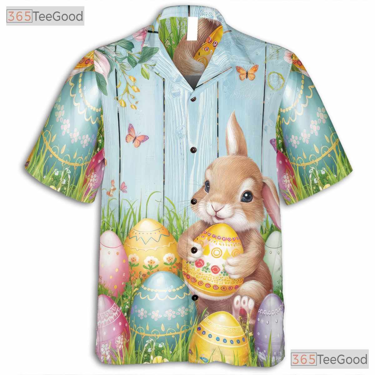 Spring Bunny & Butterflies Hawaiian Tee - Easter Colorful Eggs Gift Women