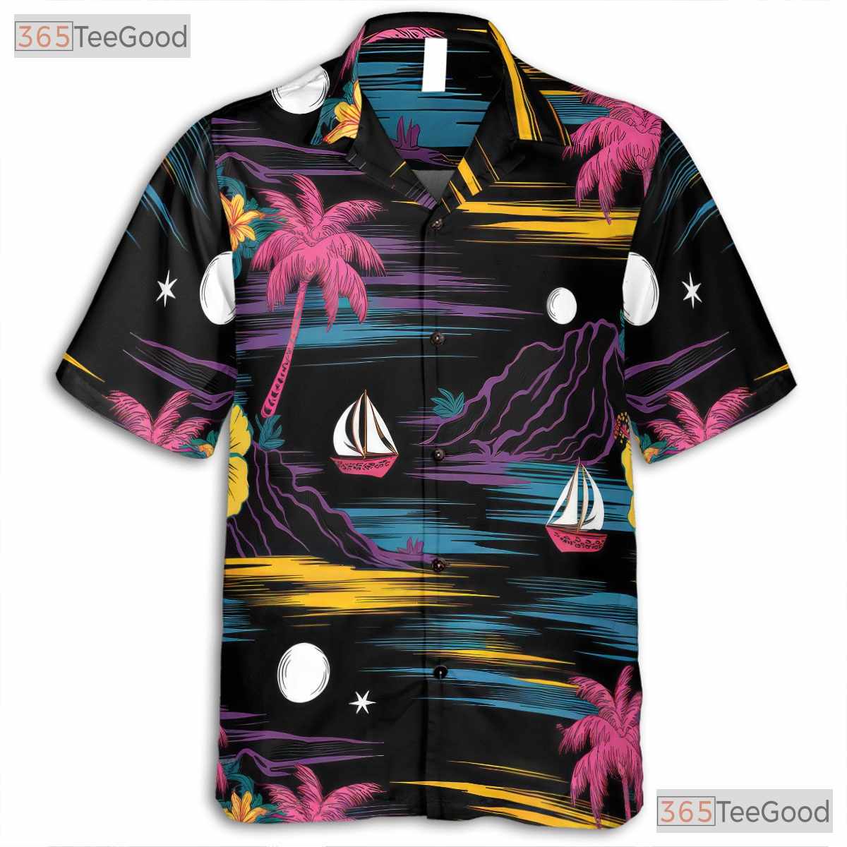 Retro Neon Black Hawaiian Shirt - Palm Tree Aloha Beach Style Unisex S-5XL