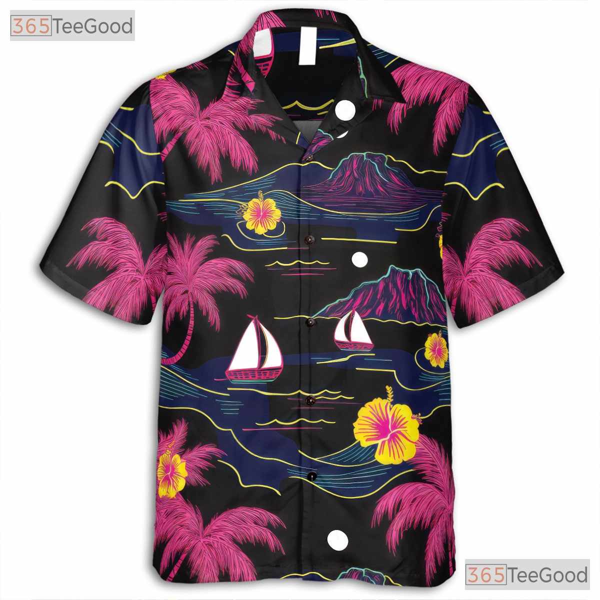 Vintage Neon Palm Hawaiian Tee - Black Island Beach Party Unisex S-5XL