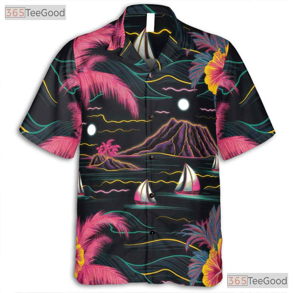 Black Neon Palm Hawaiian Shirt - Aloha Tropical Beach Gift Men S to 5XL