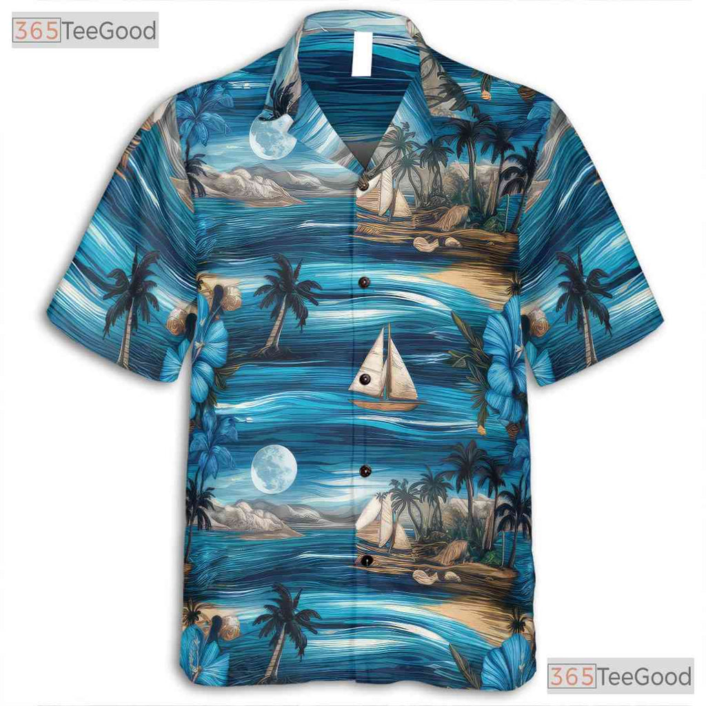 Vintage Blue Ocean Hawaiian Tee - Tropical Palm Tree Adults Gift S-5XL