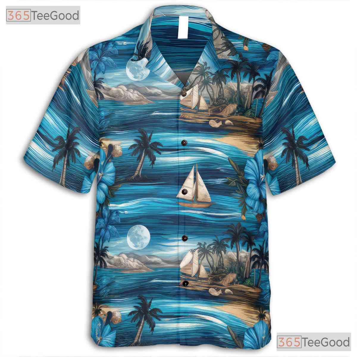 Vintage Blue Ocean Hawaiian Tee - Tropical Palm Tree Adults Gift S-5XL