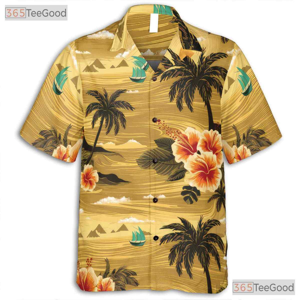 Palm Tree Hibiscus Hawaiian Tee - Orange Beach Aloha Style Adults S-5XL