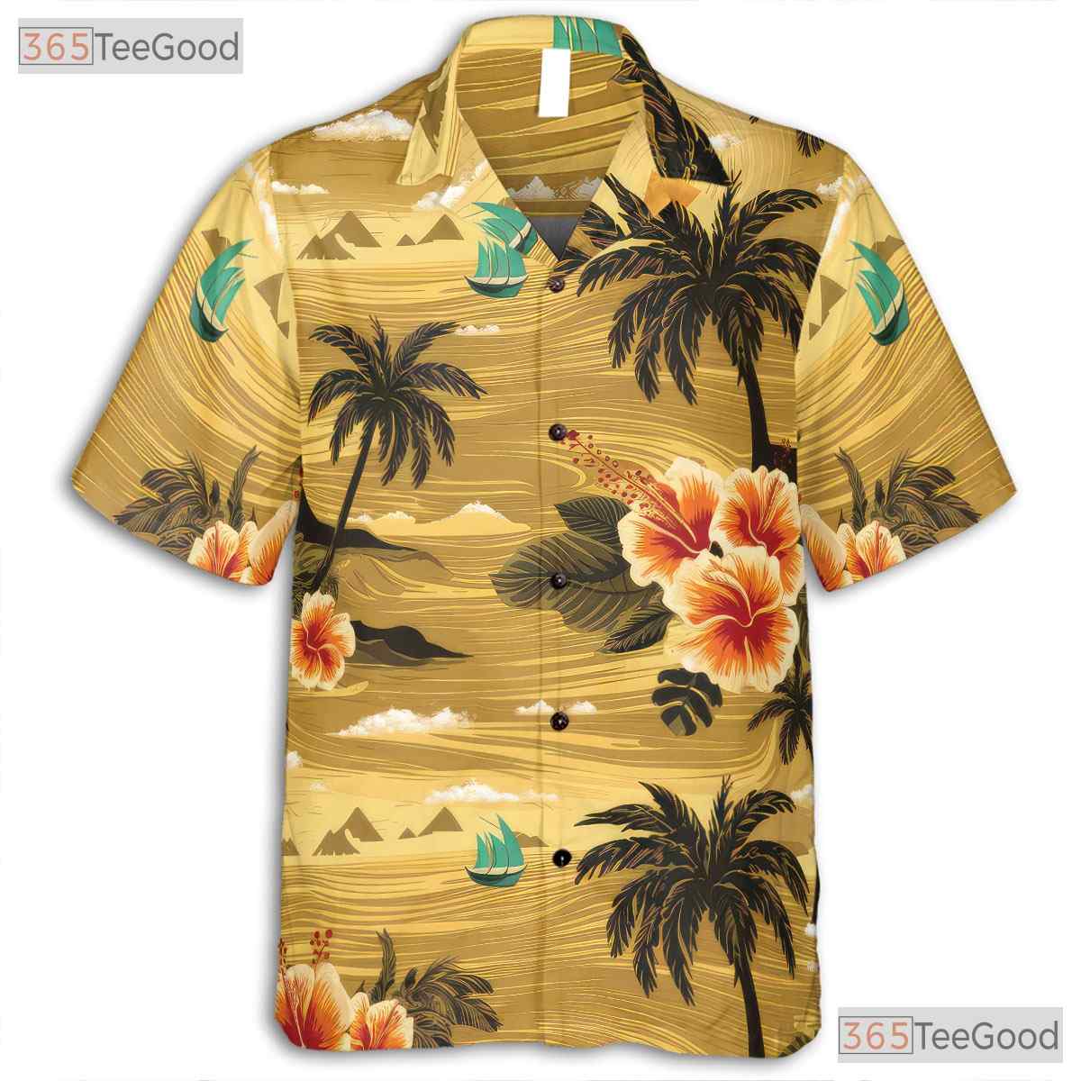 Palm Tree Hibiscus Hawaiian Tee - Orange Beach Aloha Style Adults S-5XL