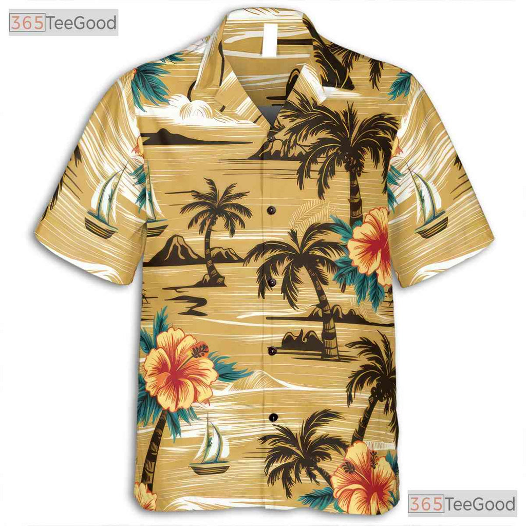 Palm Tree Hibiscus Hawaiian Tee - Vintage Aloha Beach Style Women S to 5XL
