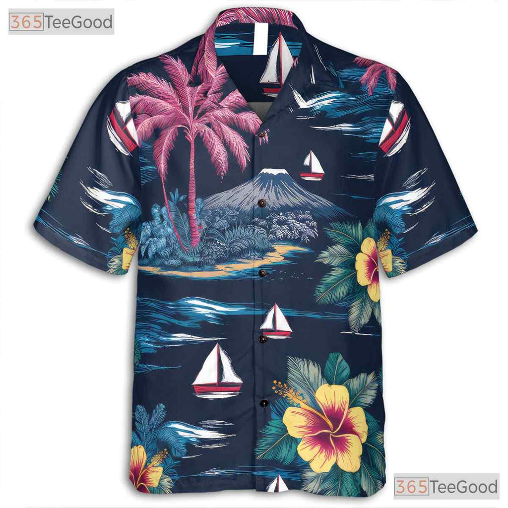 Vintage Navy Hawaiian Shirt - Palm Tree Hibiscus Aloha Style Adults S-5XL