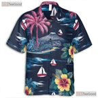 Vintage Navy Hawaiian Shirt - Palm Tree Hibiscus Aloha Style Adults S-5XL