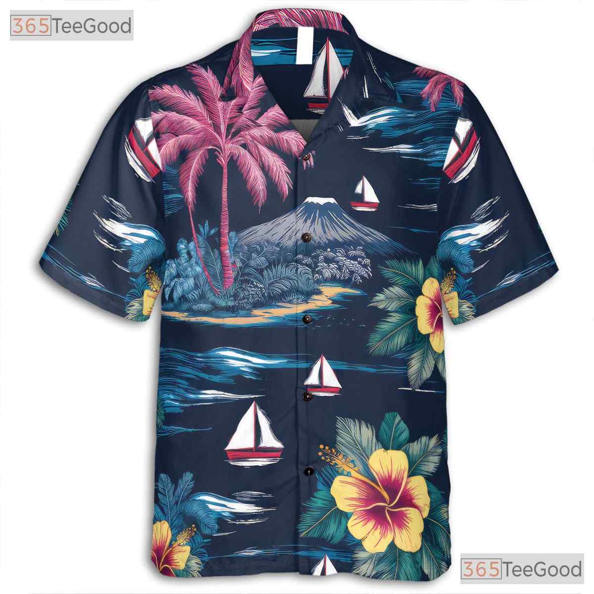 Vintage Navy Hawaiian Shirt - Palm Tree Hibiscus Aloha Style Adults S-5XL