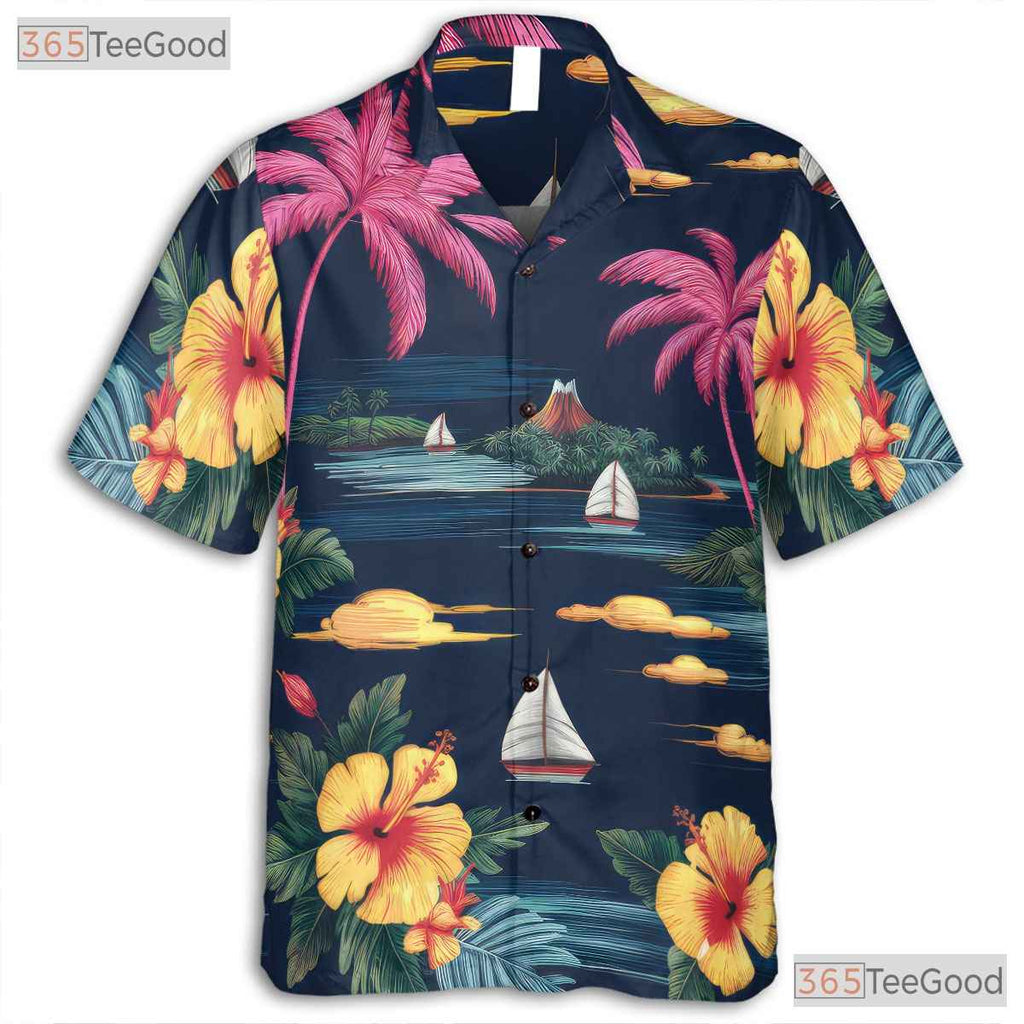 Navy Palm Hibiscus Hawaiian Tee - Classic Aloha Beach Party Unisex S to 5XL