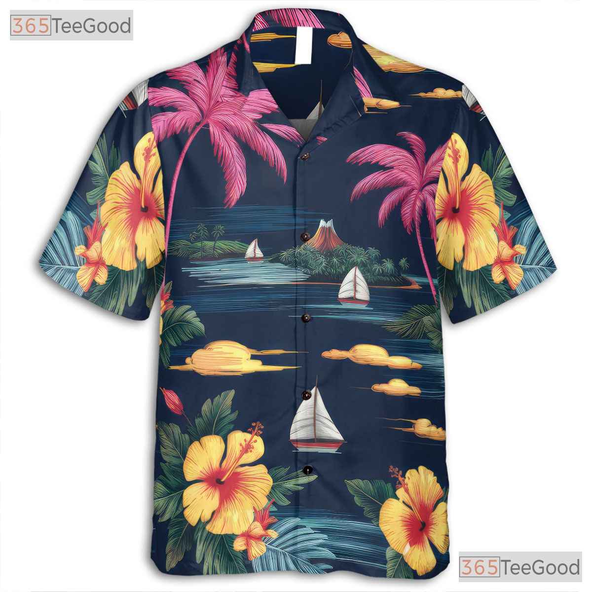 Navy Palm Hibiscus Hawaiian Tee - Classic Aloha Beach Party Unisex S to 5XL