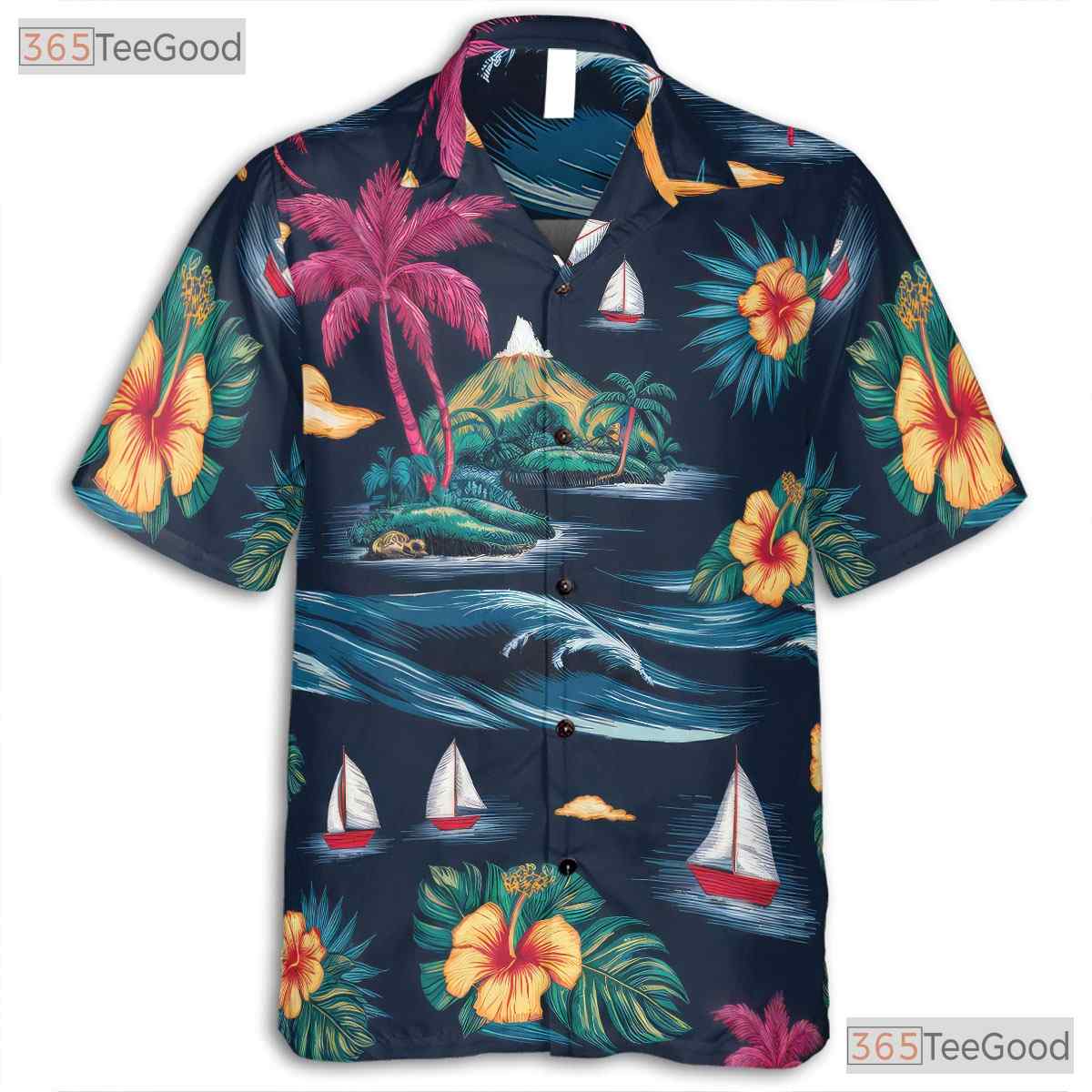 Tropical Navy Palm Hawaiian Shirt - Aloha Vacation Beach Gift Men S-5XL