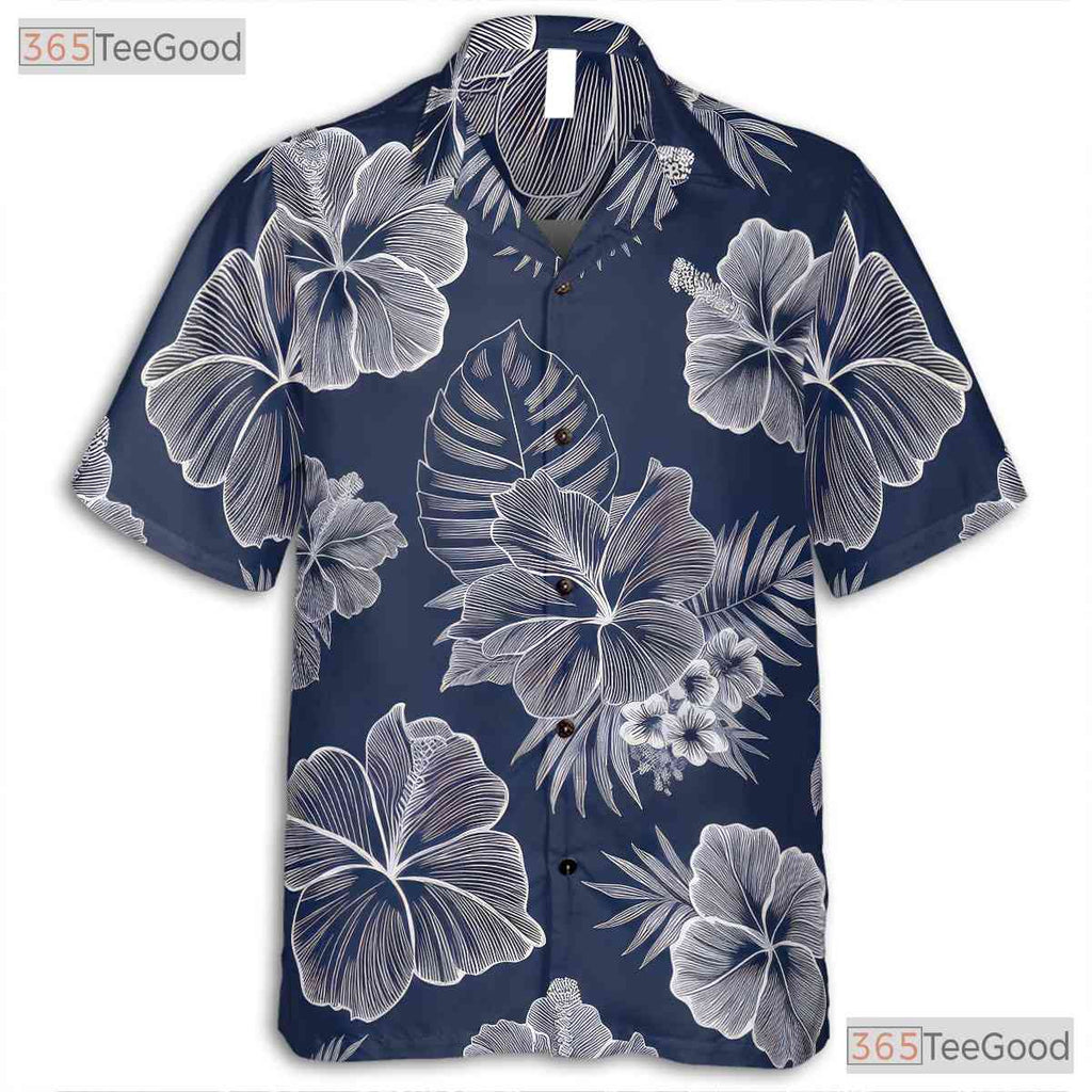 Blue White Hibiscus Hawaiian Tee - Tropical Aloha Vacation Unisex S-5XL