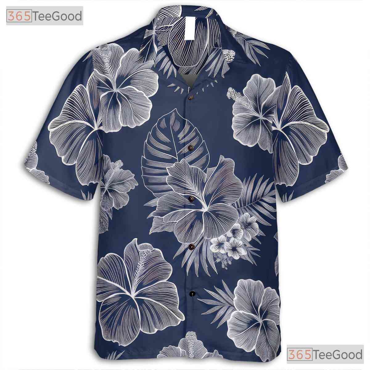 Blue White Hibiscus Hawaiian Tee - Tropical Aloha Vacation Unisex S-5XL