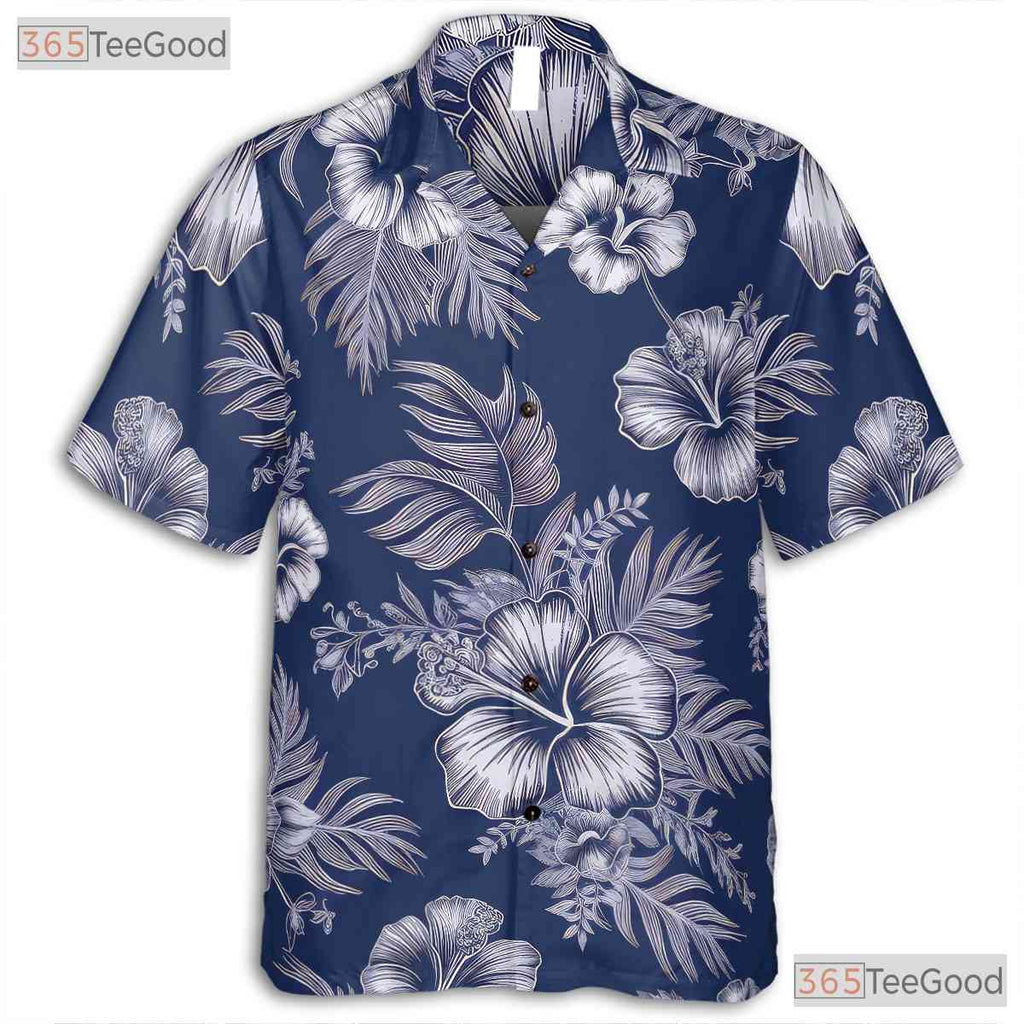 Blue White Hibiscus Hawaiian Tee - Tropical Aloha Beachwear Adults S to 5XL
