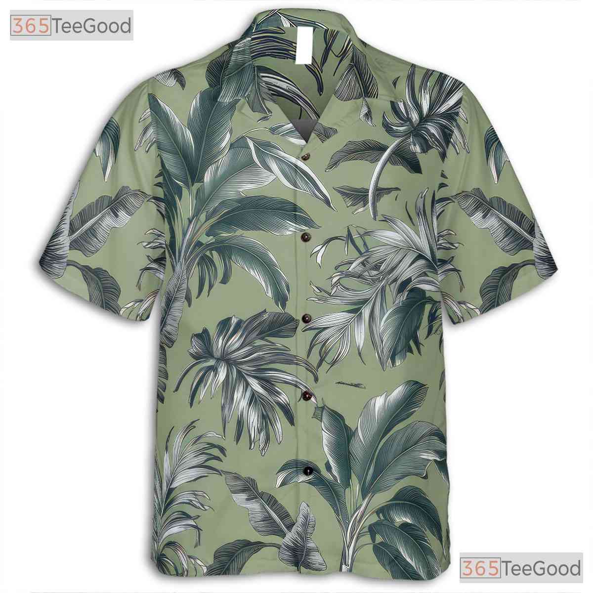 Sage Green Palm Leaf Hawaiian Tee - White Aloha Tropical Beach Men S-5XL