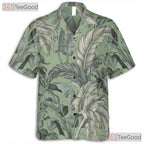 Sage Green White Palm Leaf Hawaiian Tee - Vintage Tropical Aloha Unisex