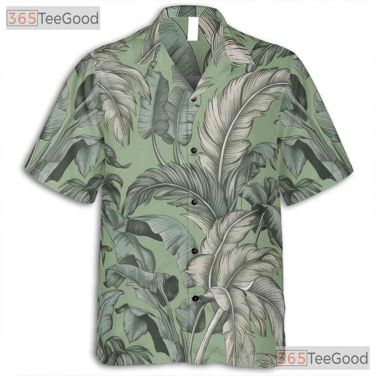 Sage Green White Palm Leaf Hawaiian Tee - Vintage Tropical Aloha Unisex