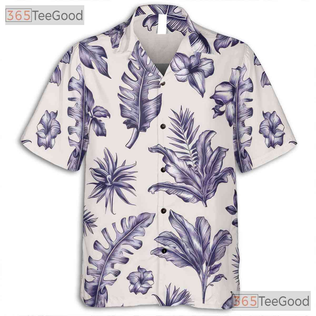 White Blue Botanical Hawaiian Shirt - Vintage Floral Aloha Men S-5XL