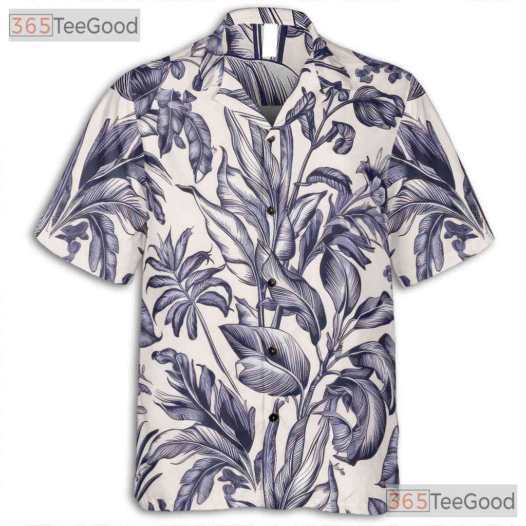 White Blue Tropical Floral Hawaiian Tee - Vintage Aloha Print Women S-5XL