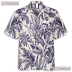 White Blue Tropical Floral Hawaiian Tee - Vintage Aloha Print Women S-5XL