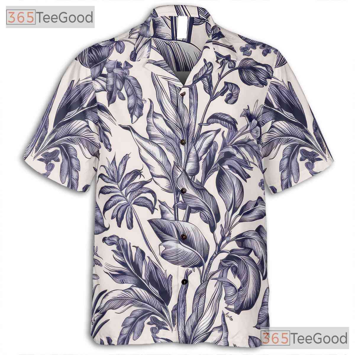 White Blue Tropical Floral Hawaiian Tee - Vintage Aloha Print Women S-5XL