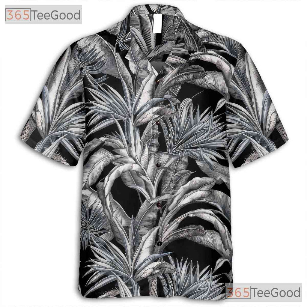 Black White Palm Leaf Hawaiian Shirt - Vintage Aloha Tropical Men S-5XL