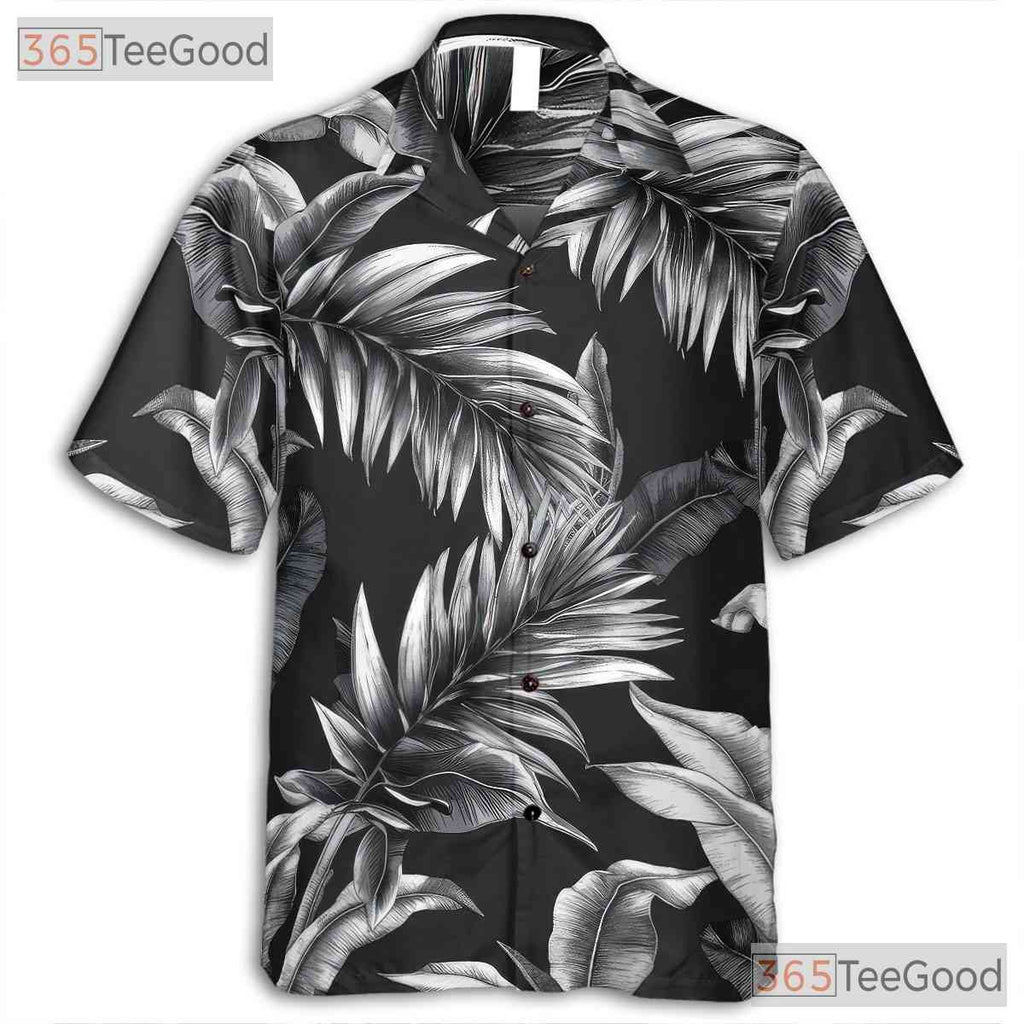 Tropical Palm Leaf Hawaiian Shirt - Black White Vintage Aloha Print Adults