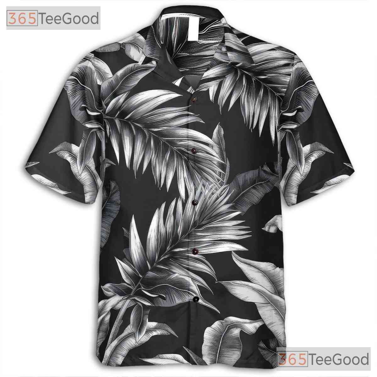 Tropical Palm Leaf Hawaiian Shirt - Black White Vintage Aloha Print Adults