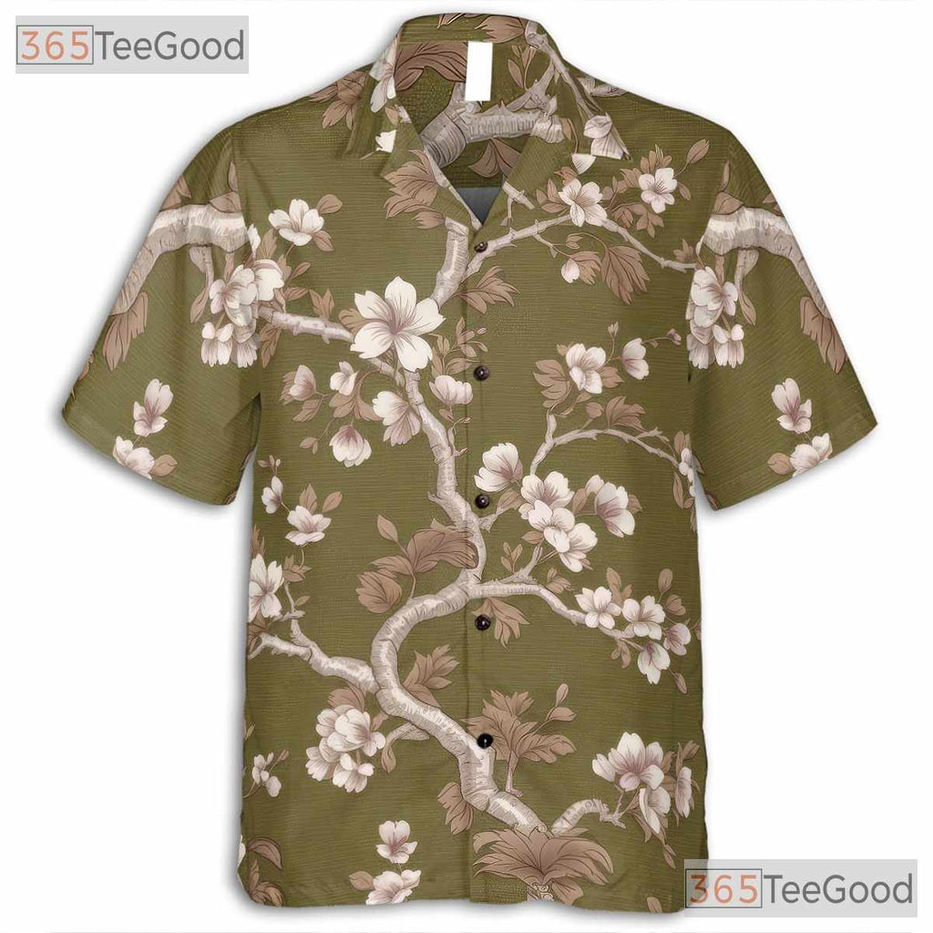 Olive Green Cherry Blossom Hawaiian Shirt - Unisex Floral Aloha Tee