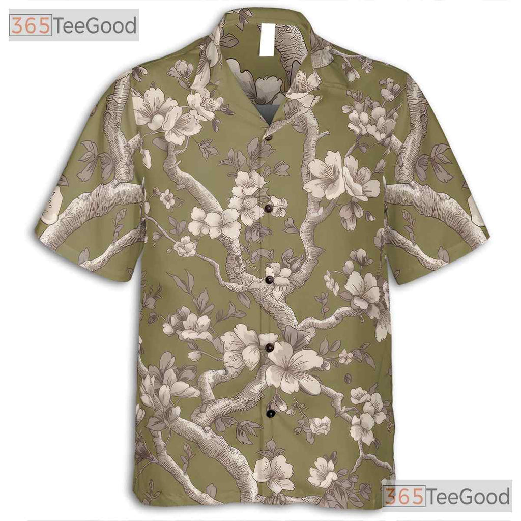 Retro Olive Cherry Blossom Aloha Shirt - Men's Floral Hawaiian Tee
