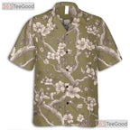 Retro Olive Cherry Blossom Aloha Shirt - Men's Floral Hawaiian Tee