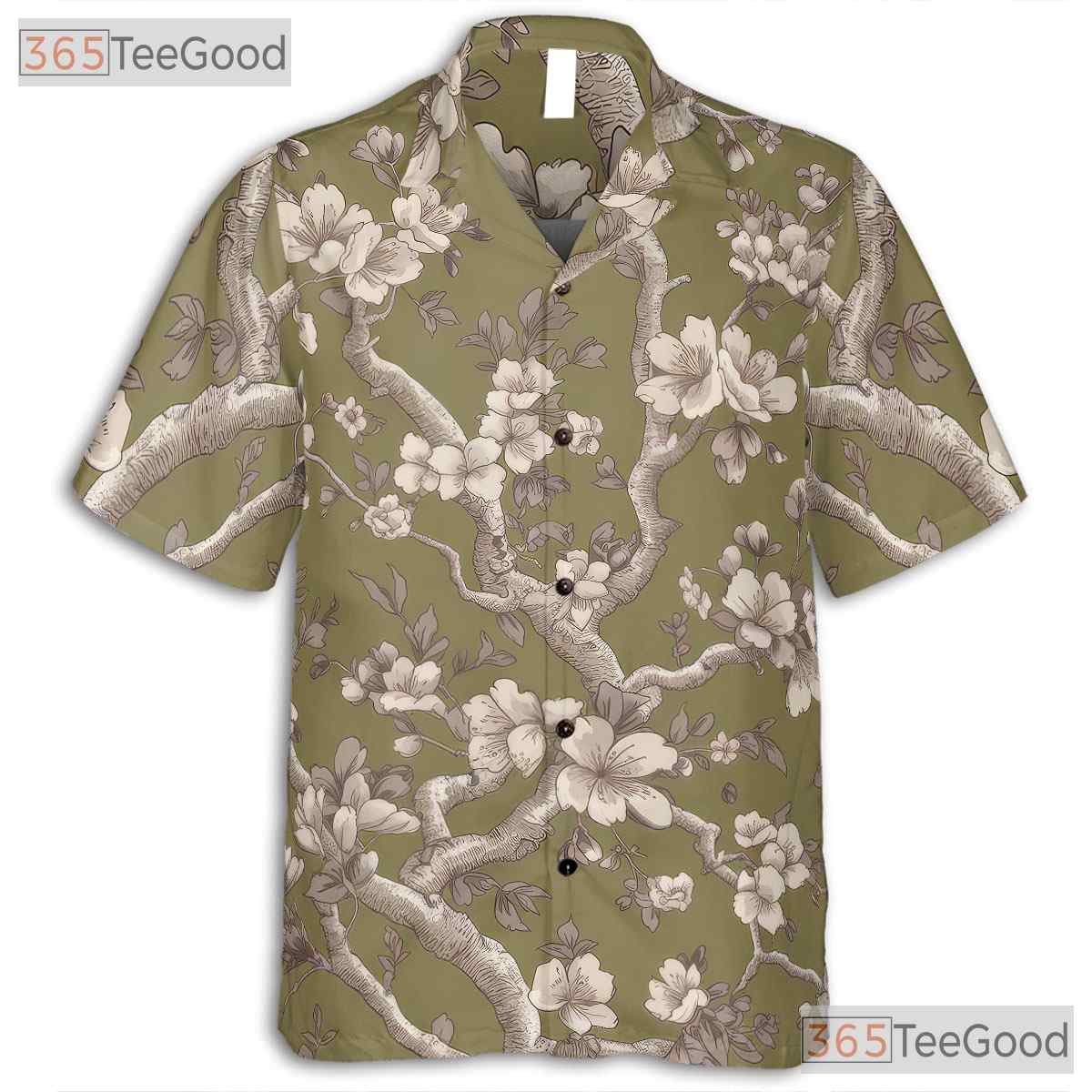 Retro Olive Cherry Blossom Aloha Shirt - Men's Floral Hawaiian Tee