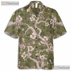 Vintage Olive Green Floral Hawaiian Shirt - Cherry Blossom Top for Women