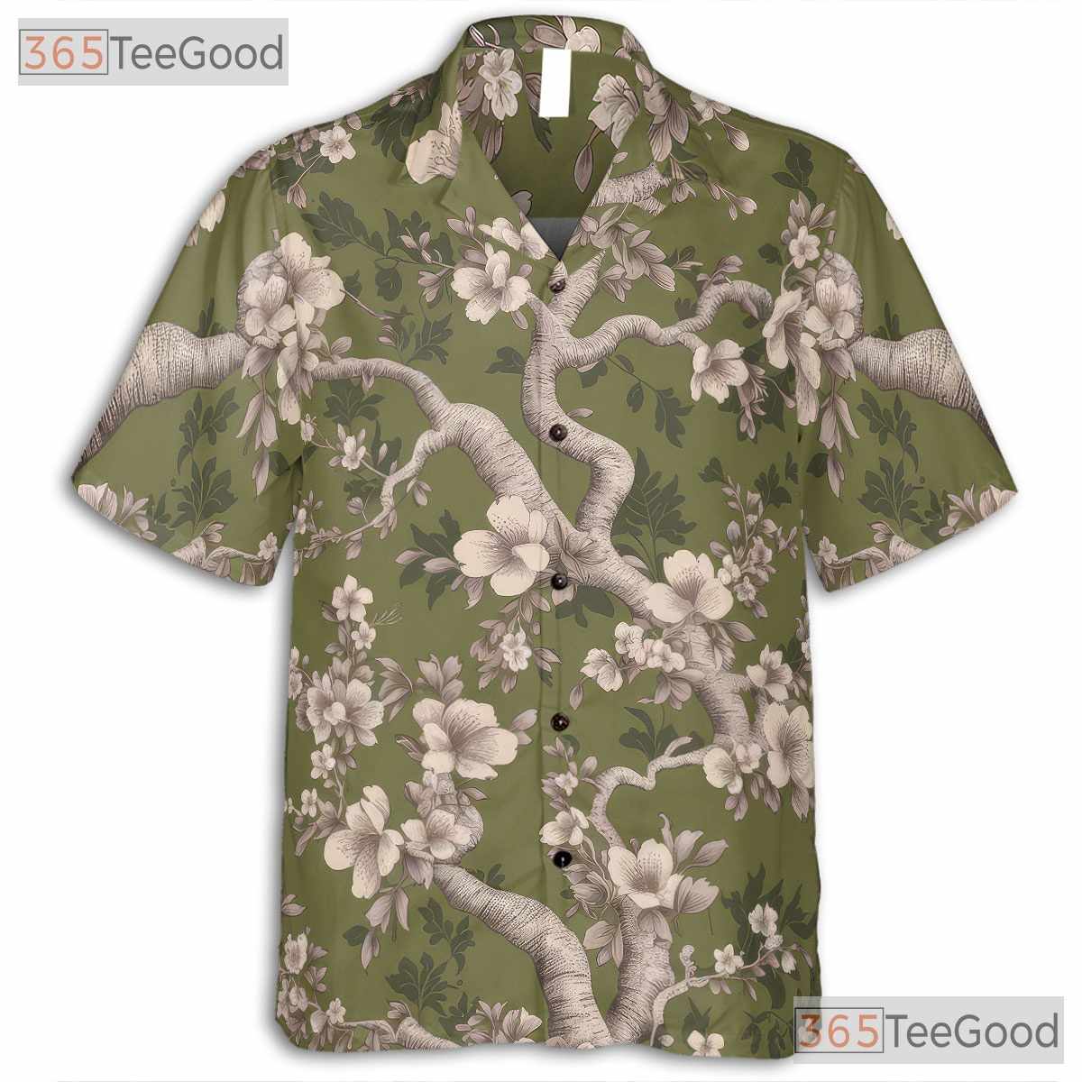 Vintage Olive Green Floral Hawaiian Shirt - Cherry Blossom Top for Women